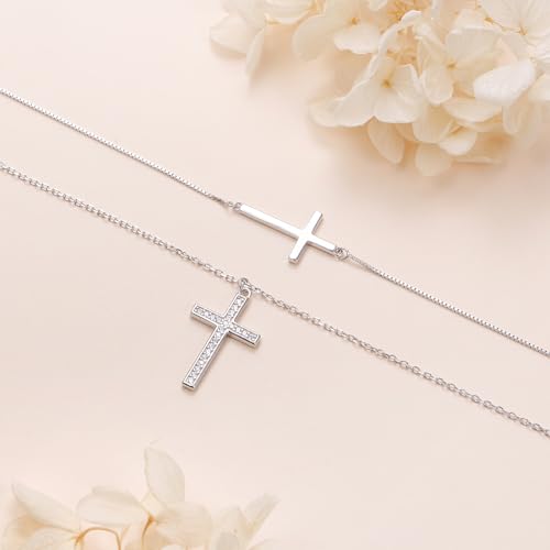 Yearace Choker Necklaces for Women S925 Sterling Silver Sideways Cross/Butterfly/Handcuffs/Infinity Interlocking/Chakra Choker Necklace Dainty Sideways Cross Necklace Jewelry Gift - style: Layered Cubic Zirconia Cross 18+16+2''