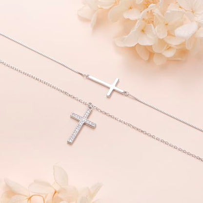 Yearace Choker Necklaces for Women S925 Sterling Silver Sideways Cross/Butterfly/Handcuffs/Infinity Interlocking/Chakra Choker Necklace Dainty Sideways Cross Necklace Jewelry Gift - style: Layered Cubic Zirconia Cross 18+16+2''