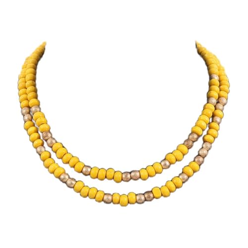 Boho Colorful Wood Beaded Choker Necklace Vintage Layered Wooden Beads Chain Necklace Collar for Women Statement Jewelry Gift - color: Yellow