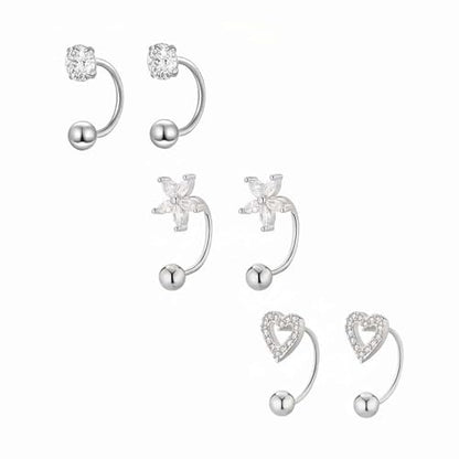 Gold Half Hoop Earrings for Women Poke Free Dainty Flower Diamond CZ Heart Huggies Backless Earrings Stay Closed Hoop No Back Screw Back Small Stud Gifts Trendy Fashion - color: Silver-CZ & Heart & Flower
