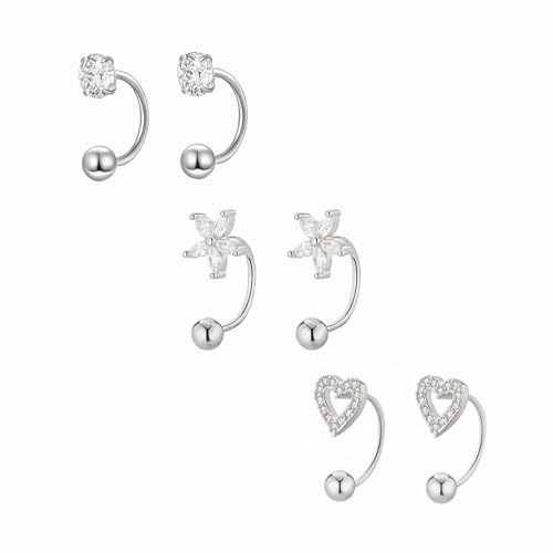 Gold Half Hoop Earrings for Women Poke Free Dainty Flower Diamond CZ Heart Huggies Backless Earrings Stay Closed Hoop No Back Screw Back Small Stud Gifts Trendy Fashion - color: Silver-CZ & Heart & Flower