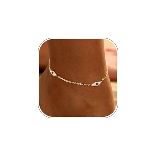 Ankle Bracelets for Women 14K Gold/Silver Plated Cross Heart Bead Anklet Waterproof Adjustable Chain Non Tarnish Cute Boho Trendy Dainty Summer Beach Foot Jewelry Gift for Her - style: Evil Eye-GD