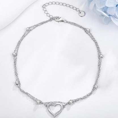 POPLYKE 925 Sterling Silver Double Layered Chain Evil Eye Daisy Sunflower Butterfly Anklets for Women Holiday Beach Crystal Ankle Bracelet Dainty Evil Eye Jewelry - style: Heart Anklet