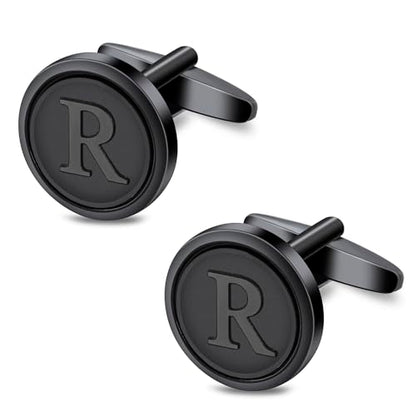 Initial Letter A-Z Cufflinks for Men Silver/Gold/Black Cufflinks 26 Alphabet Letter Copper Cufflinks for Formal Occasions Gifts Anniversary Business Wedding for Bridegroom Groomsmen - size: Black, style: Initial: R