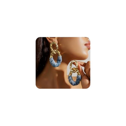 Chunky Gold Acrylic Chain Statement Earrings for Women,Exaggerated Thick Chain Artificial Leather Wrap Dangle Earrings Trendy Geometric Ear Jewelry - color: Denim