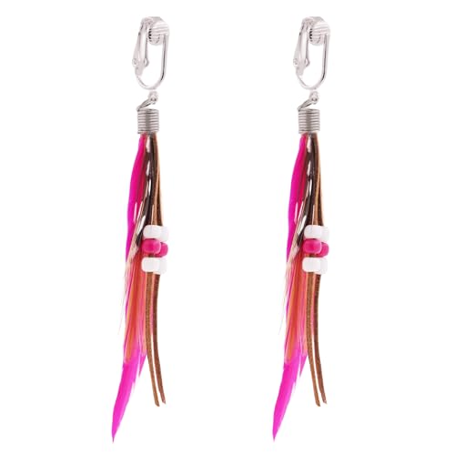 Aloha Earrings-Clip On Real Feather Earrings-Dangle Clip On Earrings Tassel Long Clip Earrings Bohemian - color: Fuchsia Feathers
