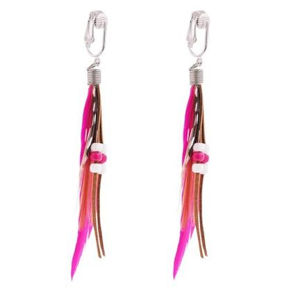 Aloha Earrings-Clip On Real Feather Earrings-Dangle Clip On Earrings Tassel Long Clip Earrings Bohemian - color: Fuchsia Feathers