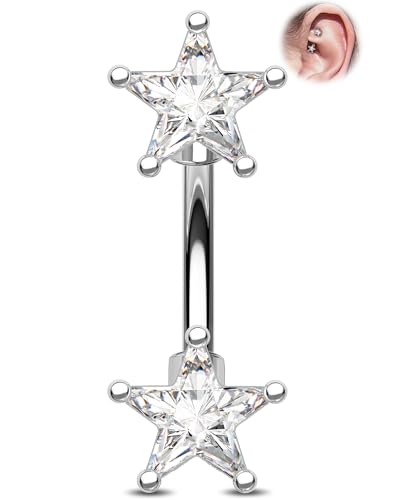 Melighting 16G Gold Star Rook Piercing Bar, 6/8 mm Rook Earring with Clear CZ, 316L Stainless Steel Stylish Eyebrow Lobe Piercing Jewellery for Daily Wear Women - color: Steel, size: 16G6mm
