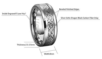 CROWNAL Black Dragon Men Black Tungsten Carbide Ring Wedding Band 6mm 8mm 10mm Red Carbon Fiber Black Celtic Dragon Inlay Engraved I Love You Size 7 to 17 - color: Silver Dragon Black Carbon Fiber