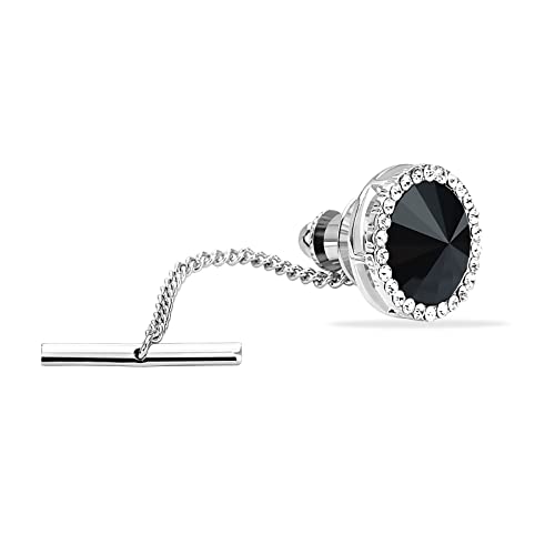 Men's Classic Round Crystal Men's Tie Tack Gold Color Tie Tack Clutch Back Fashion Necktie Tack Pin with Chain Crystal Lapel Pins Brooch - color: Black&Silver Tie Tack