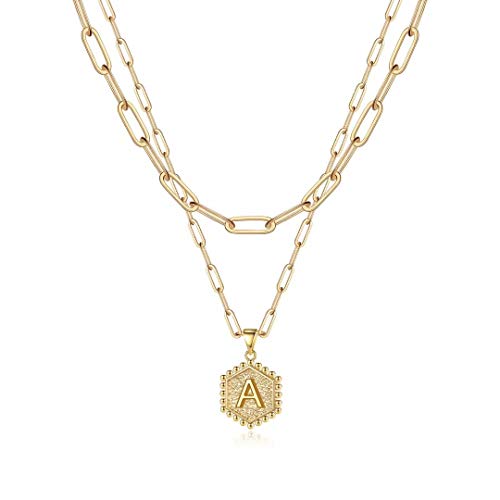 M MOOHAM Dainty Initial Necklaces for Women, 14K-Gold-Plated Layering Necklace for Women Cute Hexagon Letter Initial Necklace Layered Necklaces for Womens Teen Girl Gifts - color: 14K-Gold-Plated, style: A’