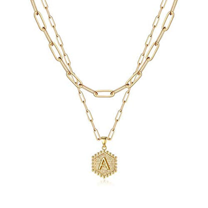 M MOOHAM Dainty Initial Necklaces for Women, 14K-Gold-Plated Layering Necklace for Women Cute Hexagon Letter Initial Necklace Layered Necklaces for Womens Teen Girl Gifts - color: 14K-Gold-Plated, style: A’