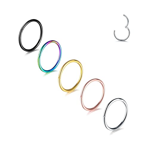 Aumeo 14G 16G 18G 20G Nose Ring Hoop Stainless Steel Hinged Segment Rings Hoops Nose Clicker Ring Tragus Helix Cartilage Daith Rook Earring Piercing Jewelry for Women Men - style: 5pcs 20g 7mm Mixed Colors