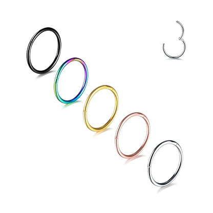 Aumeo 14G 16G 18G 20G Nose Ring Hoop Stainless Steel Hinged Segment Rings Hoops Nose Clicker Ring Tragus Helix Cartilage Daith Rook Earring Piercing Jewelry for Women Men - style: 5pcs 20g 7mm Mixed Colors