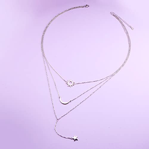 925 Sterling Silver Multilayer Layered Triple Long Chain Necklace for Women - style: Sun Moon Star