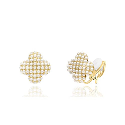 YOQUCOL Simulated Pearl Flower-Cluster Shape Clip On Stud Earrings Non Pierced Ear Earrings for Women - color: Four-leaf