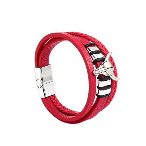 Black Multi Layer Western Leather Bracelet for Men Vintage Cowboy Braided Rope Wristband Adjustable Stainless Steel Clasp Daily Fashion Jewelry - color: Red