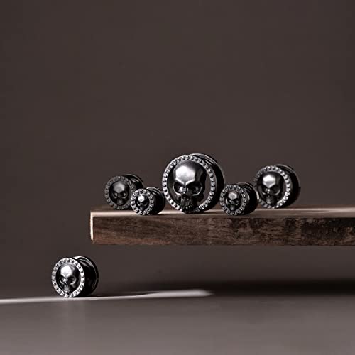 ERKUOO 2PCS Skull Ear Gauges Screw Ear Plugs Tunnels Ear Flesh Tunnels Piercing Earrings Hangers Expander Stretchers 0g-1"(8mm-25mm) - color: #3 Black, size: 9/16"=14mm