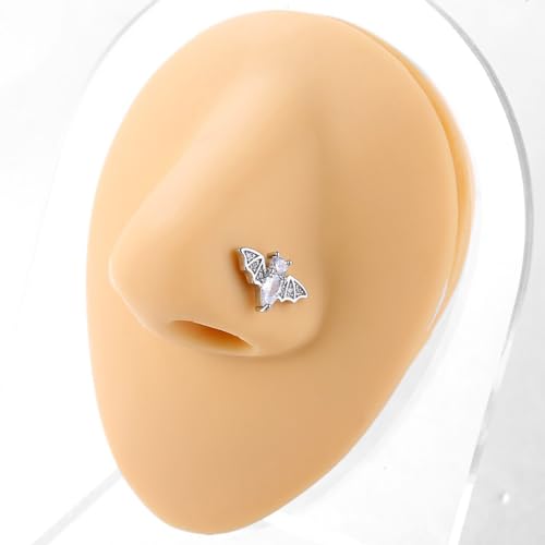 20G Bat L-Shaped Nose Rings for Women Girls Stainless Steel Cubic Zirconia Bat Nose Studs Sparkling Nose Piercing Jewelry - color: Silver