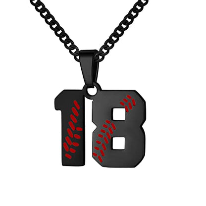 Hatti Doris Baseball Number Necklace for Men 00-99 - Jersey Number Necklace with Stainless Steel Gold Plated Chain & Baseball Charm Pendant - color: Black, style: 18