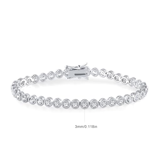 18K White Gold Plated Round-Cut Full CZ Link Bracelet Classic Hypoallergenic Cubic Zirconia Tennis Bracelet for Women - size: 6.3IN, style: Round 3mm Halo