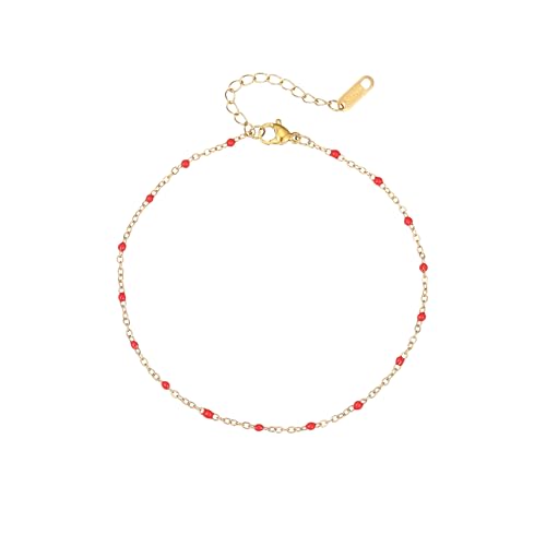 18K Gold Plated Boho Beaded Anklets for Women Dainty Gold Layered Round Ball Ankle Bracelet Pearl Cross Anklet Bracelet Waterproof Gold Jewelry - color: Red Beads-Gold