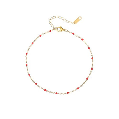 18K Gold Plated Boho Beaded Anklets for Women Dainty Gold Layered Round Ball Ankle Bracelet Pearl Cross Anklet Bracelet Waterproof Gold Jewelry - color: Red Beads-Gold