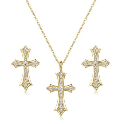 Gold Plated Imitation Diamond Cross Necklace and Earrings Set for Women Cubic Zirconia Trendy Stud Earrings and Cross Pendant Necklaces Jewelry Set Dainty Cross Cute Faith Jewelry Gifts Set - color: Gold