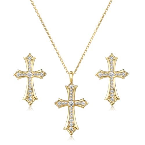 Gold Plated Imitation Diamond Cross Necklace and Earrings Set for Women Cubic Zirconia Trendy Stud Earrings and Cross Pendant Necklaces Jewelry Set Dainty Cross Cute Faith Jewelry Gifts Set - color: Gold