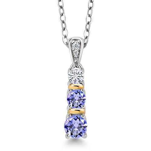 Gem Stone King Blue Tanzanite and Moissanite Pendant Necklace For Women | 925 Silver and 10K Yellow Gold | 0.58 Cttw | Gemstone December Birthstone | With 18 Inch Chain