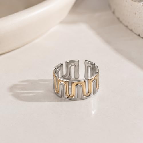 Gold Open Ring Stainless Steel Geometric Wide Band Adjustable Statement Ring for Women Daily Party Jewelry - color: B0104-Silver
