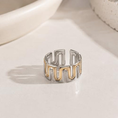 Gold Open Ring Stainless Steel Geometric Wide Band Adjustable Statement Ring for Women Daily Party Jewelry - color: B0104-Silver