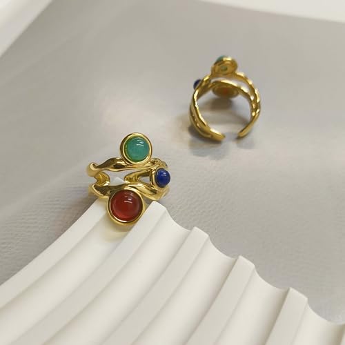 Gold Statement Ring, Vintage Adjustable Natural Stone Ring with Lapis Lazuli, Red Agate, Amazonite, Boho Jewelry for Women