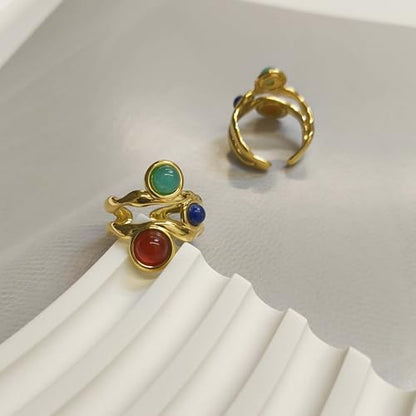Gold Statement Ring, Vintage Adjustable Natural Stone Ring with Lapis Lazuli, Red Agate, Amazonite, Boho Jewelry for Women