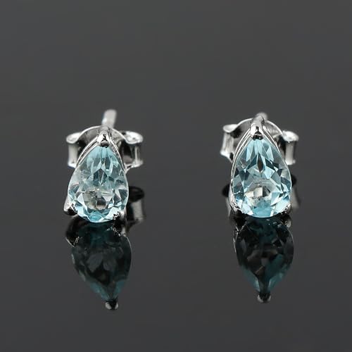 Real Blue Topaz Crystal Studs Earring Pair with Push Backs, Natural Gemstone, Birthstone, Brilliant Cut Pear Crystal, Healing Stone, Gift for Women, 925 Sterling Silver