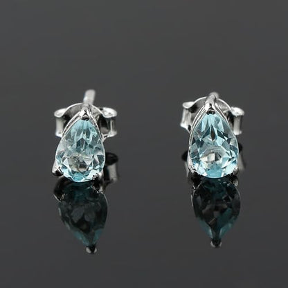 Real Blue Topaz Crystal Studs Earring Pair with Push Backs, Natural Gemstone, Birthstone, Brilliant Cut Pear Crystal, Healing Stone, Gift for Women, 925 Sterling Silver