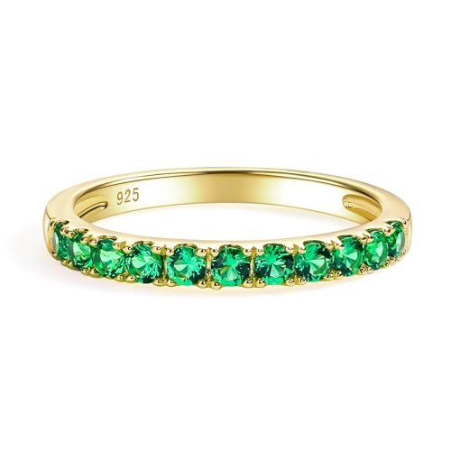 Bezel Set Birthstone Wedding Band 14K Gold Sterling Silver Stackable Half Eternity Band Rings 2.5mm Wide Ruby/Amethyst/Sapphire/Emerald Green/Aquamarine Ring for Women, Send Gift Box - style: 05-Created Emerald