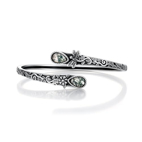 Nature Moss Agate Dragonfly Bracelet For Women 925 Sterling Silver Real Gemstone Adjustable Bangle Vintage Jewelry Gifts
