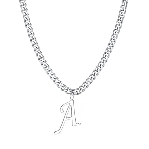 Stainless Steel Initial A-Z Necklace for Men Women,Cuban Chain,Titanium Steel Initial Letter Pendant Charm Necklaces Accessories Jewelry for Woman Man,21 Inch Chain - color: A