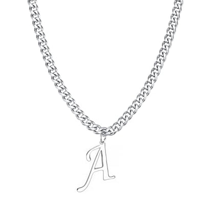Stainless Steel Initial A-Z Necklace for Men Women,Cuban Chain,Titanium Steel Initial Letter Pendant Charm Necklaces Accessories Jewelry for Woman Man,21 Inch Chain - color: A