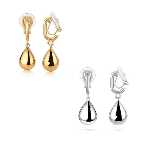 FAN&LOUIS Gold Sliver Teardrop Clip On Earrings for Women，Non-Pierced Trendy Statement Dangle Water Drop Women's Hypoallergenic Clip-On Earrings - style: Gold and Silver