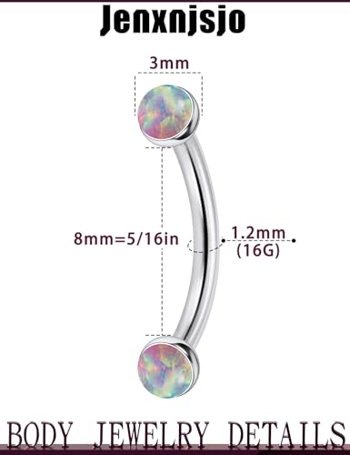 Jenxnjsjo F136 Titanium 16g 6/8/10mm Opal Eyebrow/Rook/Snug/Vertical-Labret/VCH/Snake-Eyes/Anti-Tragus/Christina/Daith/Belly-Button/Bridge/Hood/Surface Curved Barbell Piercing Jewelry for Women Men - color: Pink Opal, size: 8mm