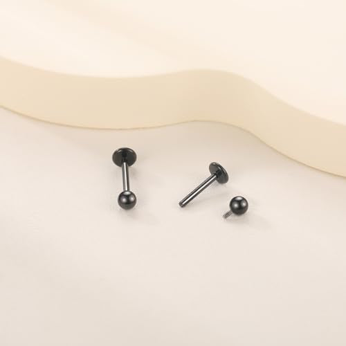 Xpircn ASTM F136 Titanium Flat Back Stud Earrings Internally Threaded Labret Monroe Lip Nose Studs Tragus Helix Conch Cartilage Piercing Jewelry for Women - color: 18G 8MM Bar,3MM Ball,Black