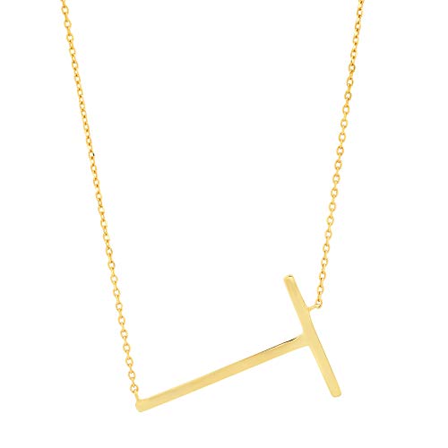 MAX + STONE 14k Gold Plated Sterling Silver Large Sideways Block Initial Letter Pendant Necklace for Woman with 16 Inches to 18 Inches Adjustable Chain and Spring Ring Clasp - style: Letter T