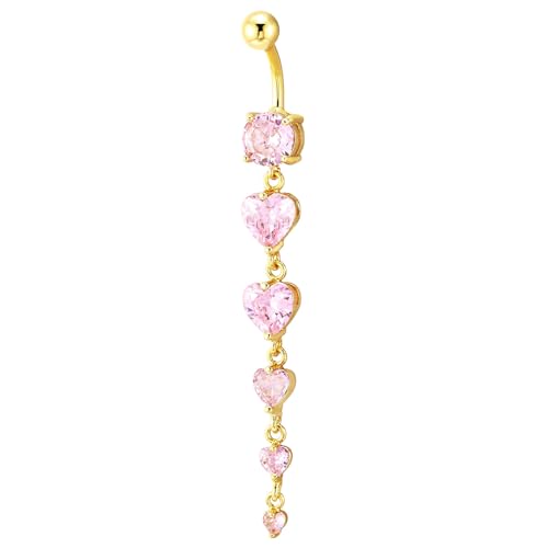 COOLSTEELANDBEYOND Steel Belly Chain Belly Button Ring Body Jewelry Piercing Navel Ring with Long Dangle Cubic Zirconia - color: G-Metal Color: Gold