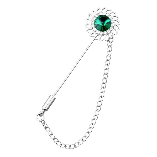 Mens Sunflower Lapel Pin Crystal Rhinestone Brooches for Men Hanging Chain Brooch Suit Pin Flower Lapel Pins for Men Wedding Business Party - color: Green-J
