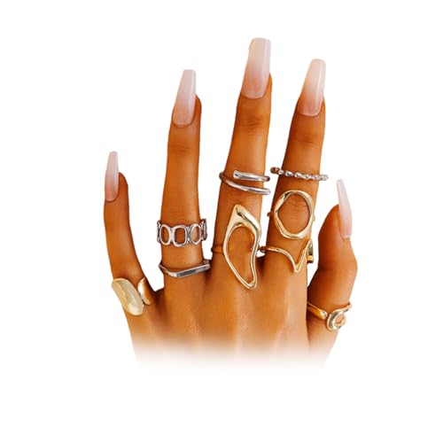 FUTIMELY 9Pcs Chunky Knuckle Ring Set,Vintage Two Tone Dainty Geometric Stackable Midi Rings Set,Charming Hollow Personalized Open Joint Rings for Women