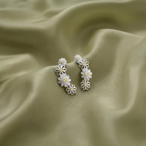 LeCalla 925 Sterling Silver Ear Crawler Earrings for Women | Flower Ear Climber Earring with Cubic Zirconia | Hypoallergenic CZ Stud Earring Cartilage Jewelry 20MM