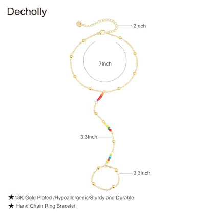 Hand Chain Bracelets for Women - 14K Real Gold Plated Dainty Stackable Paperclip Link Bracelets Hand Chain Bracelet Ring Gold Bracelets for Women Trendy - color: Colorful Beaded Hand Chain