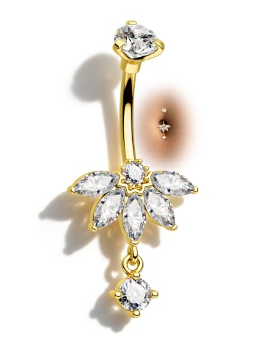 Lotus Belly Button Rings, 14G Dangle Belly Navel Rings for Women, Stainless Steel Belly Navel Piercing Jewelry - color: Gold-10MM